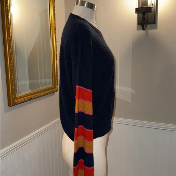 27 Miles navy 100% cashmere sweater with multicolored striped sleeves. Large - Picture 5 of 12